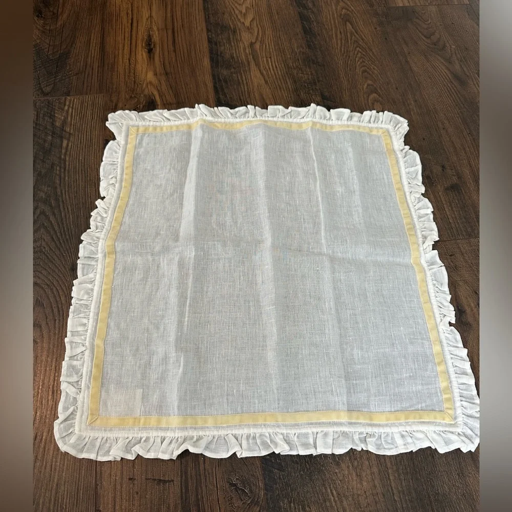 Pom Pom At Home Bundle of 8 Linen Ruffle Napkin White w/ Yellow Edge